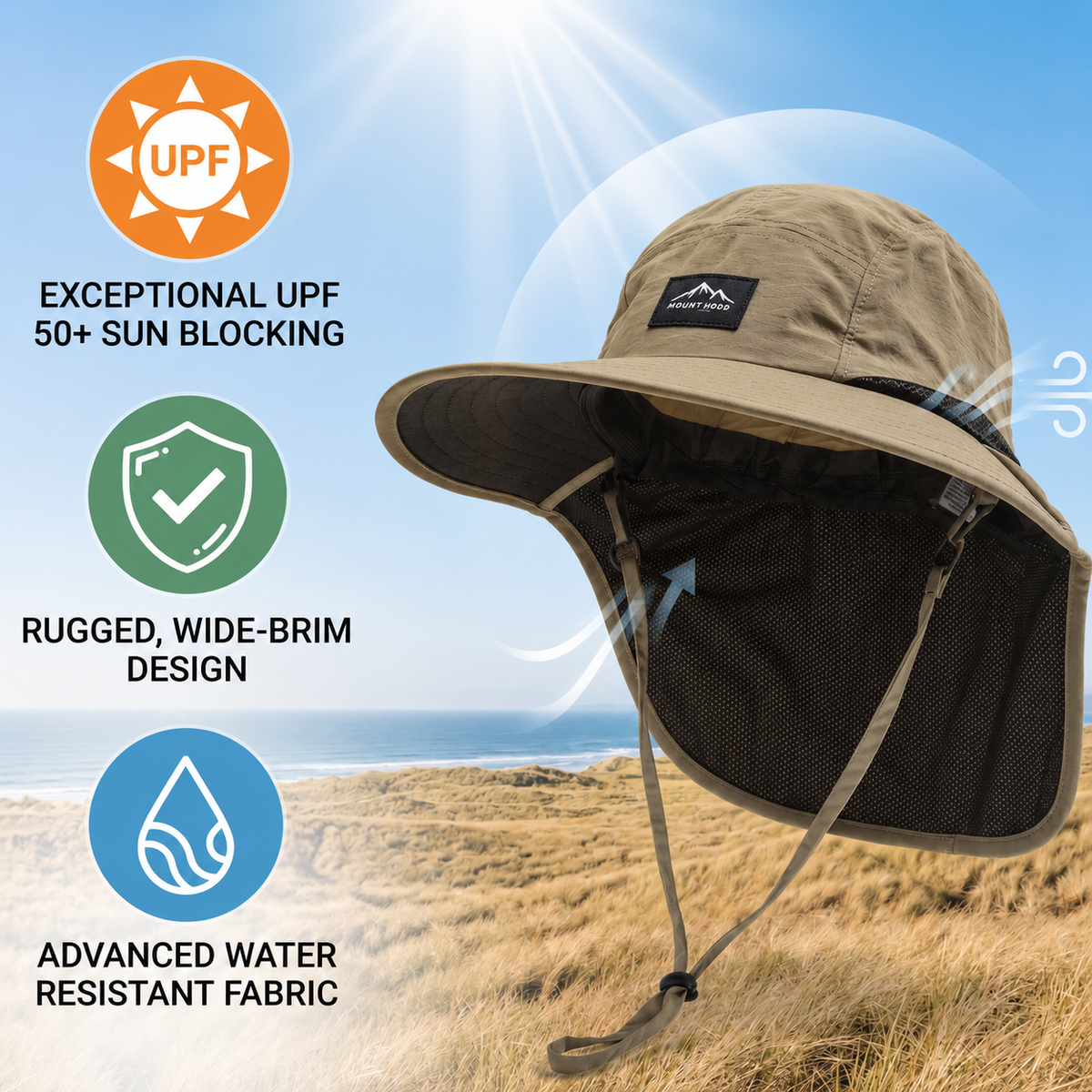 Sun Hat with Neck Flap UPF 50+ Protection Wide Brim Breathable Adjustable Foldable for Hiking Fishing Golf Beach Outdoor Activities Men Women | Lonoma