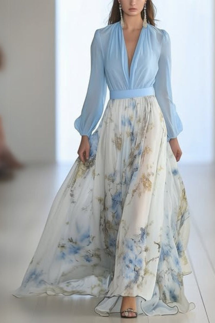 Floral Maxi Dress with Sky-Blue Bodice and V-Neckline for Weddings and Garden Parties | Koossa