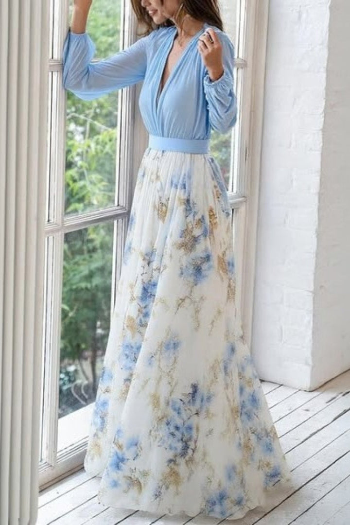Floral Maxi Dress with Sky-Blue Bodice and V-Neckline for Weddings and Garden Parties | Koossa