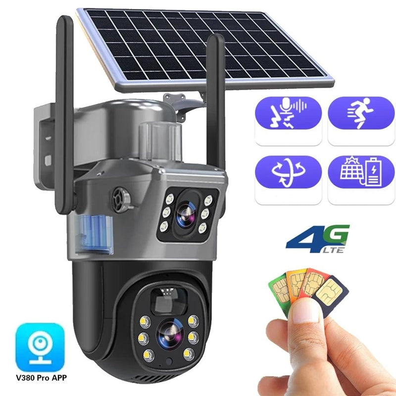 Caméra de surveillance 4K double objectif panneau solaire zoom 10× rotation 360° WiFi 4G vision nocturne | Koossa