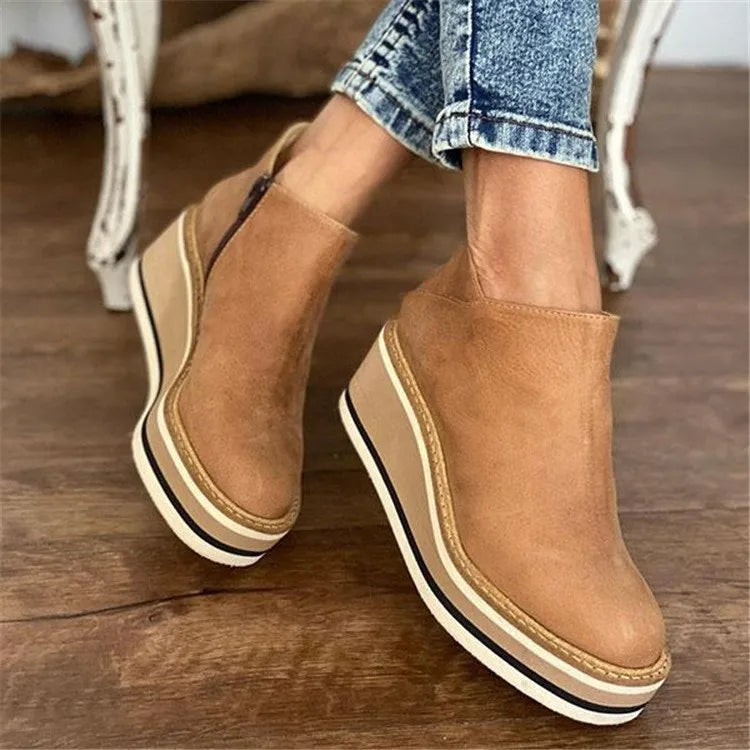 Wedge Ankle Boots with Side Zip in Khaki, Black, Beige, Brown & Royal Blue | Casual Platform Footwear for Weekend Styling | Koossa