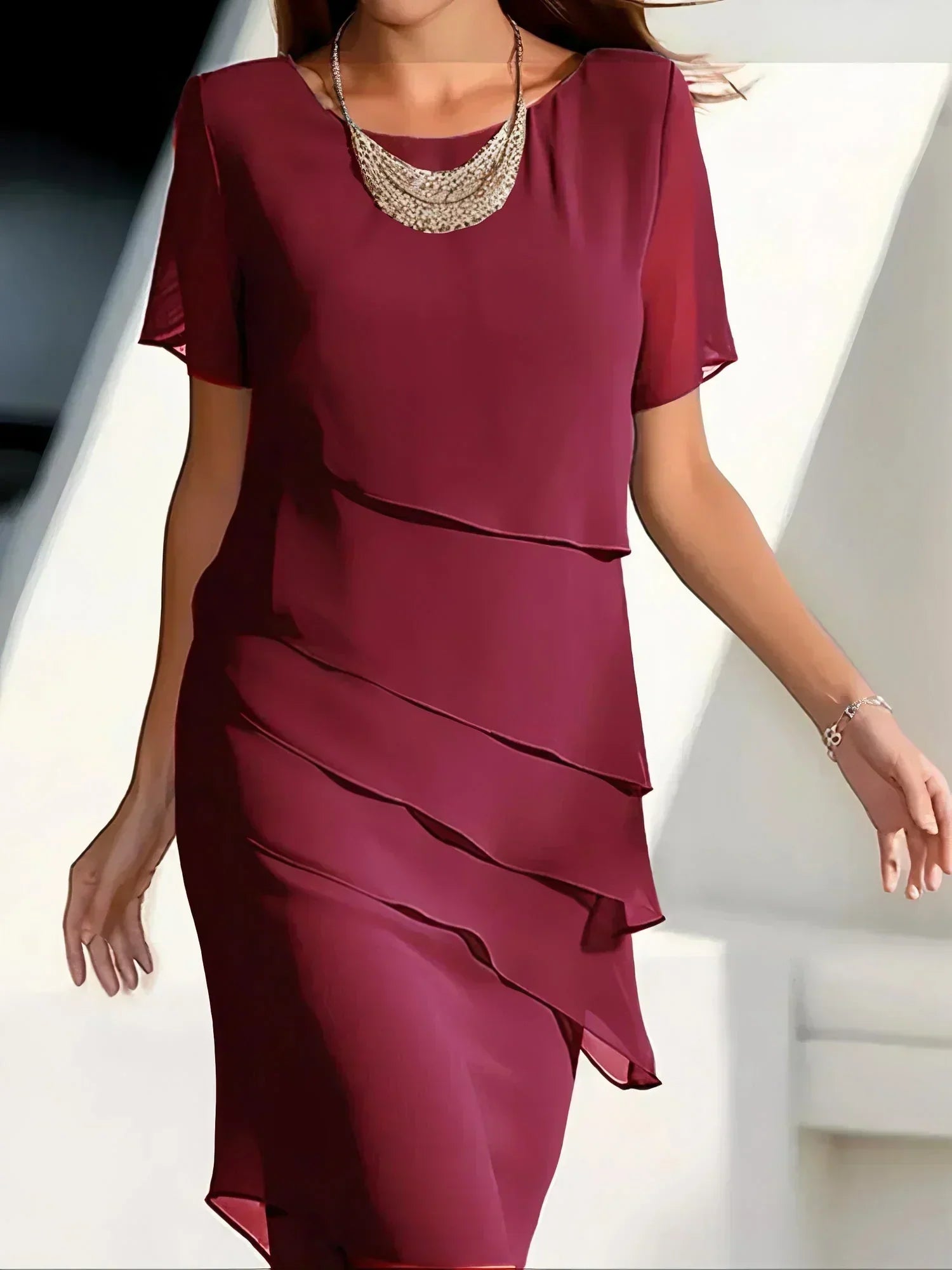 Women's Tiered Short Sleeve Dress Flowing Midi Length for Summer Occasions Lightweight Comfortable Garden Party Tea Dress | Koossa