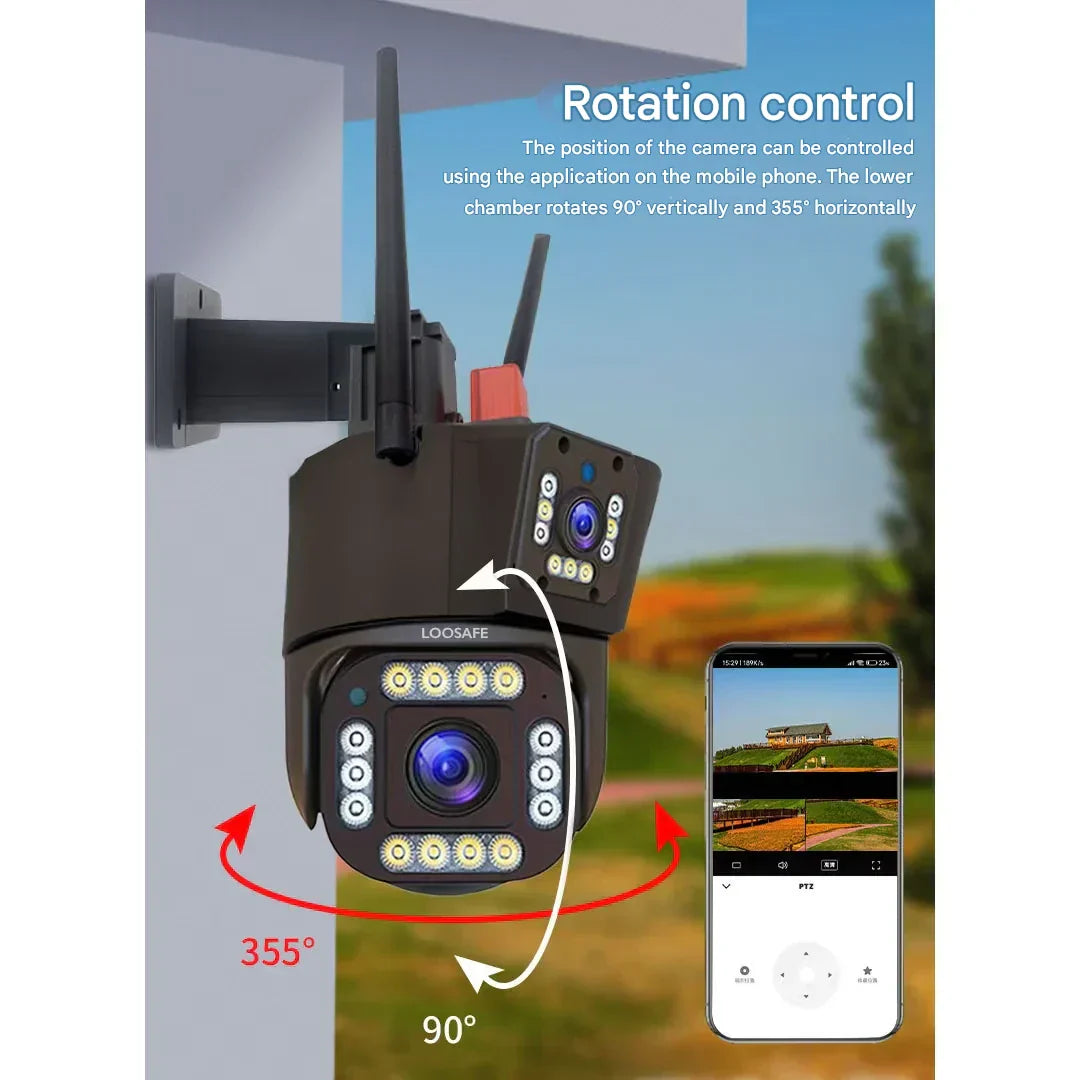 Caméra de surveillance 4K double objectif panneau solaire zoom 10× rotation 360° WiFi 4G vision nocturne | Koossa