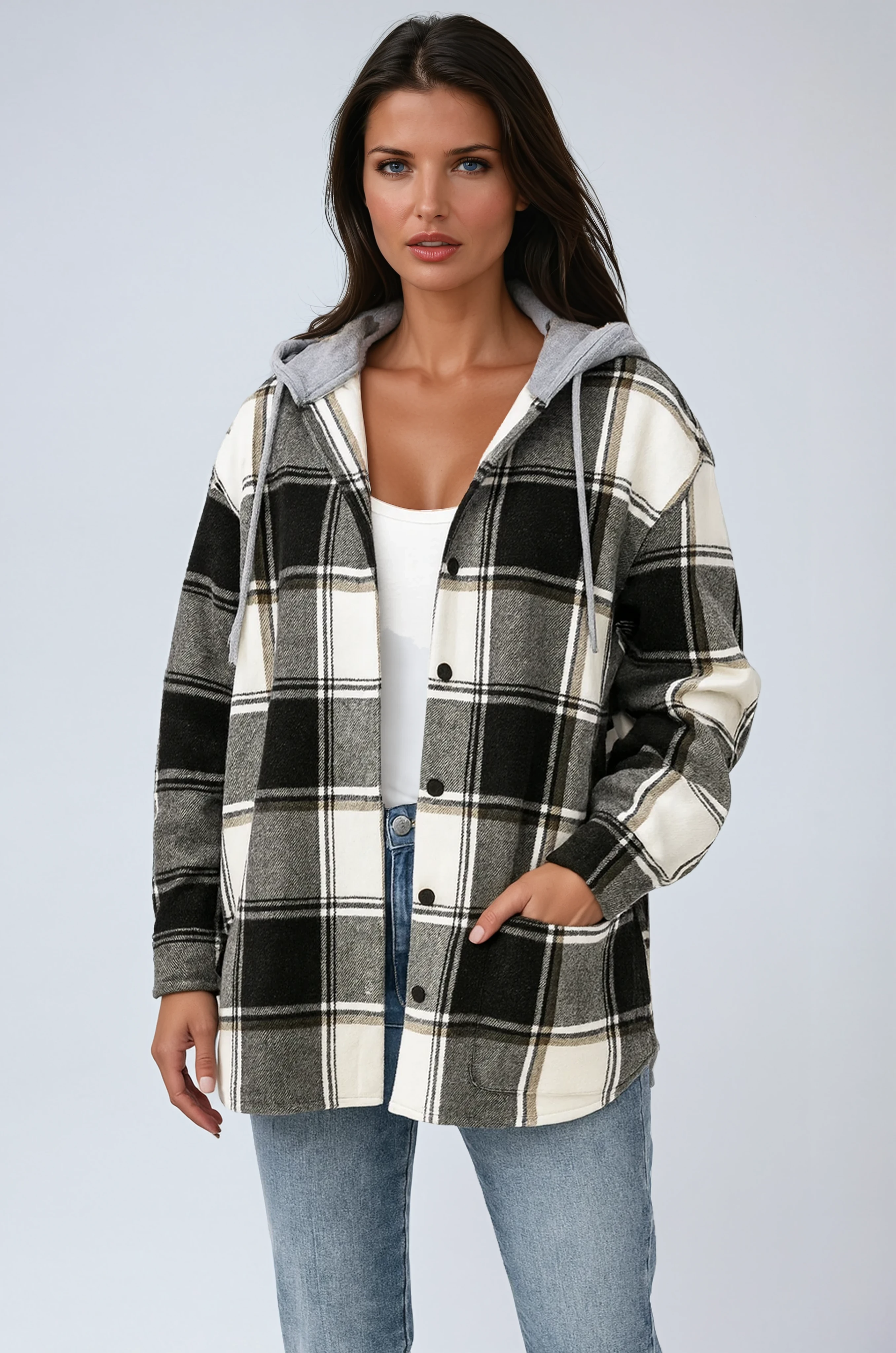 Oversized Hooded Jacket in Classic Checked Wool Blend for Autumn Layering | Koossa