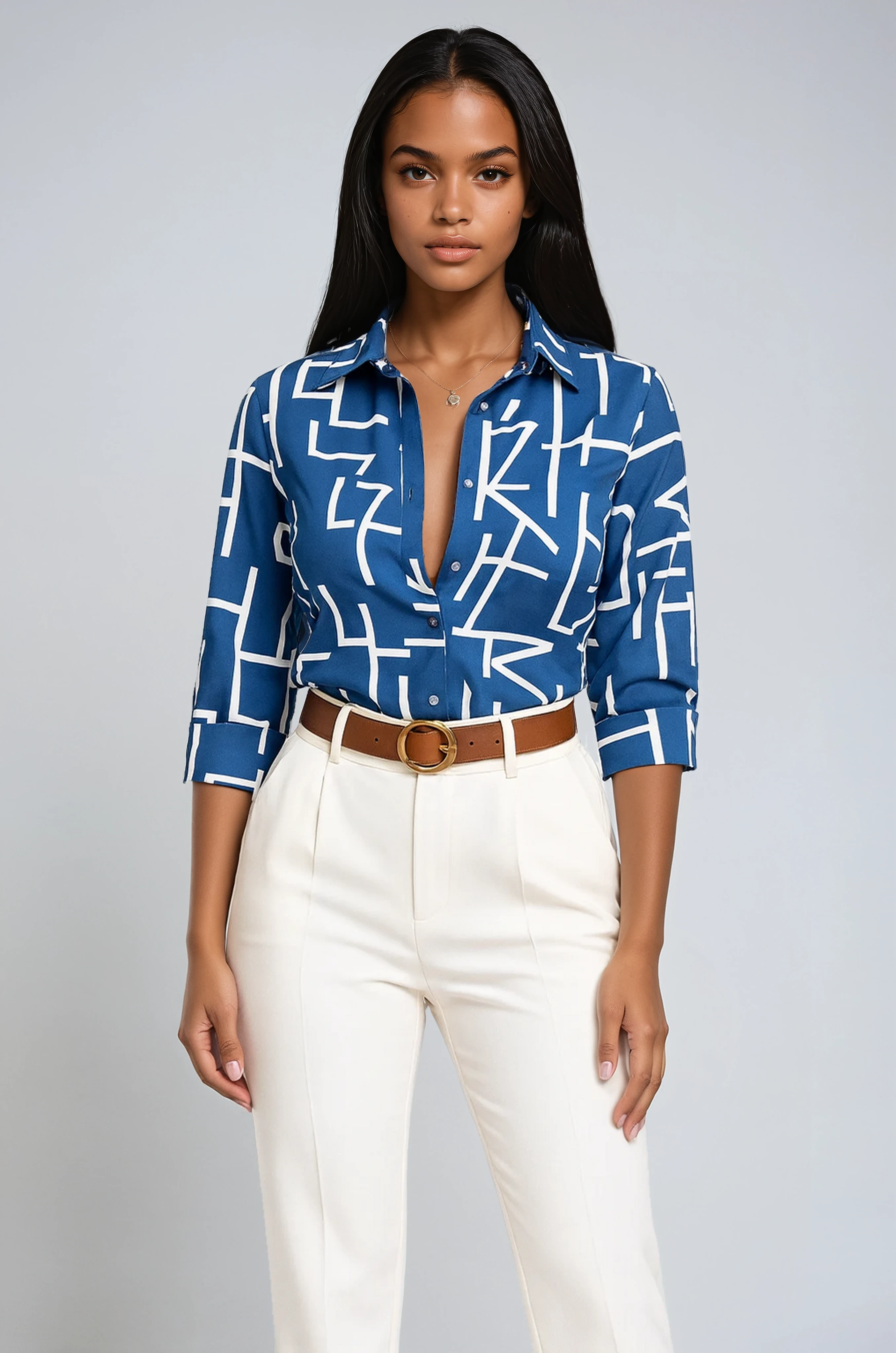Geometric Print Blouse with Button Front and Three-Quarter Sleeves in Blue | Koossa