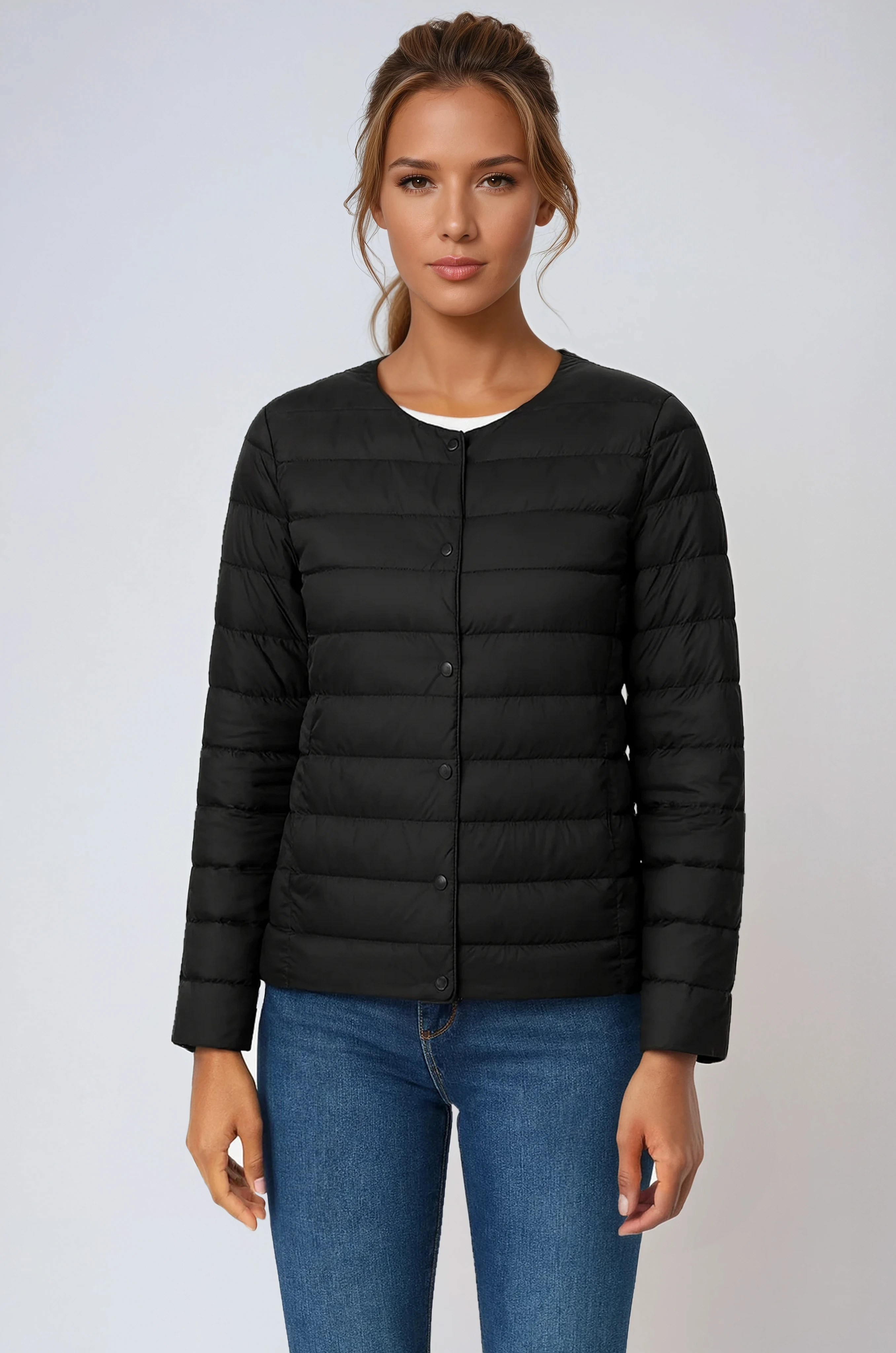 Women's Lightweight Quilted Puffer Jacket in Black – Slim-Fit Layering Coat for Effortless Everyday Warmth | Koossa