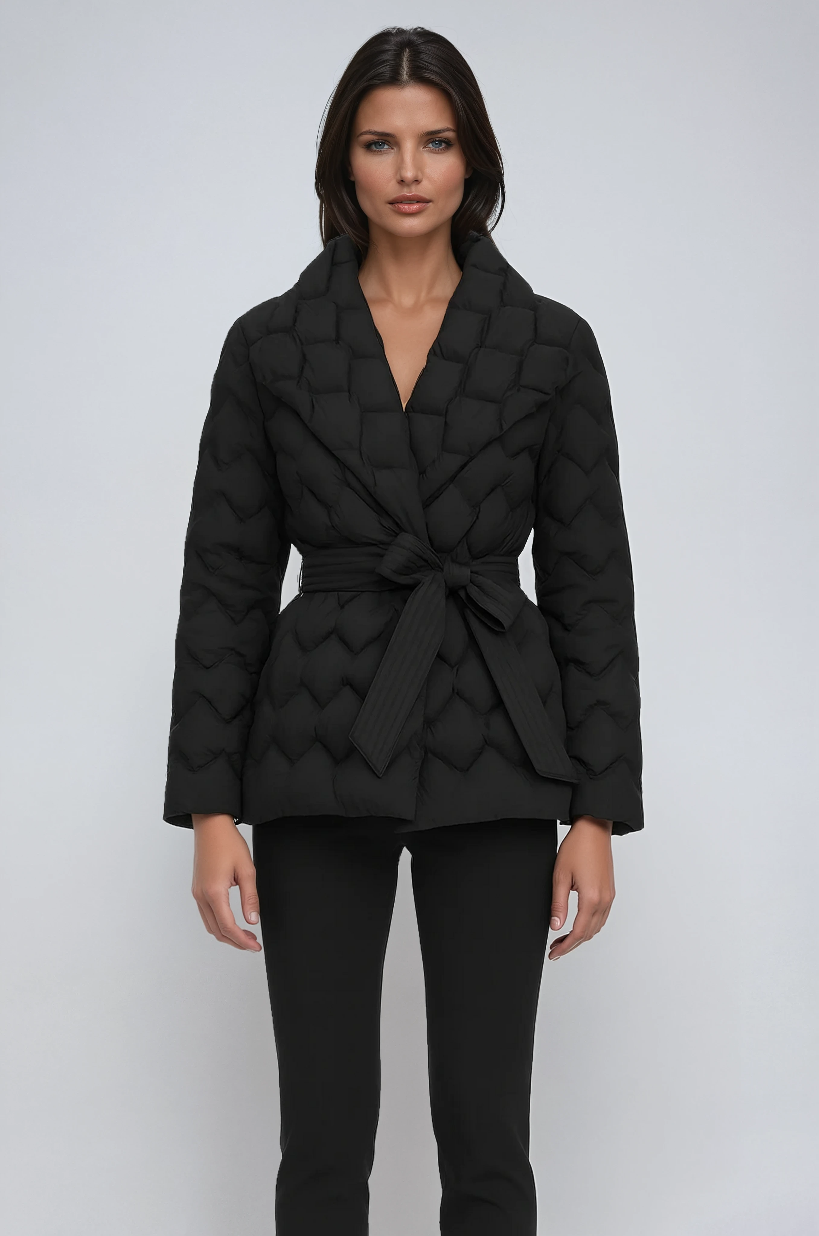 Quilted Belted Puffer Jacket in Midnight Black, Amber Orange & Sandstone Beige | Elegant Padded Winter Coat with Waist Belt for Women Over 50 | Koossa