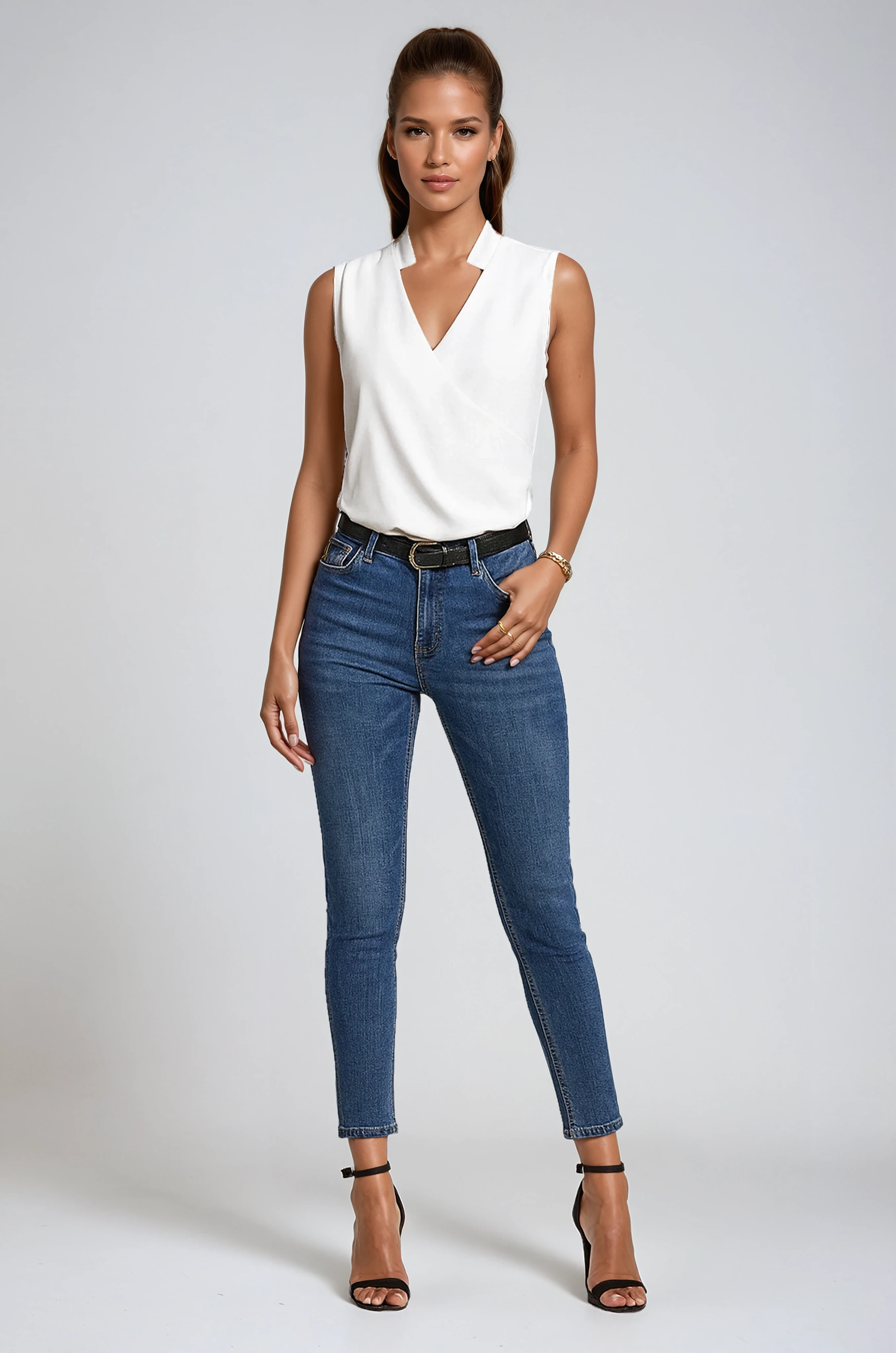 Sleeveless V-Neck Blouse in White, Blue, Black & Floral – Elegant Layering Essential for Work and Weekends | Koossa