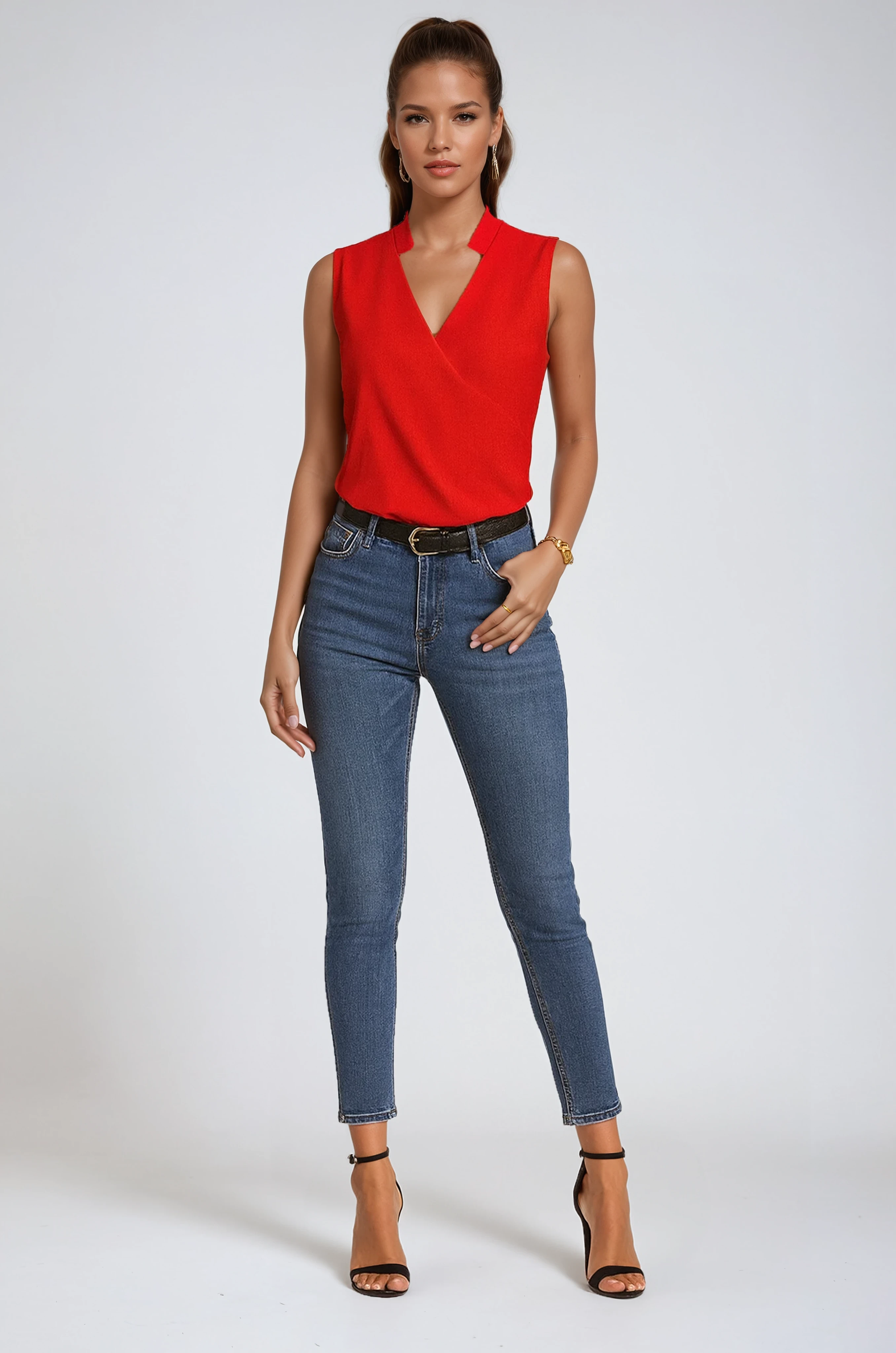 Sleeveless V-Neck Blouse in White, Blue, Black & Floral – Elegant Layering Essential for Work and Weekends | Koossa