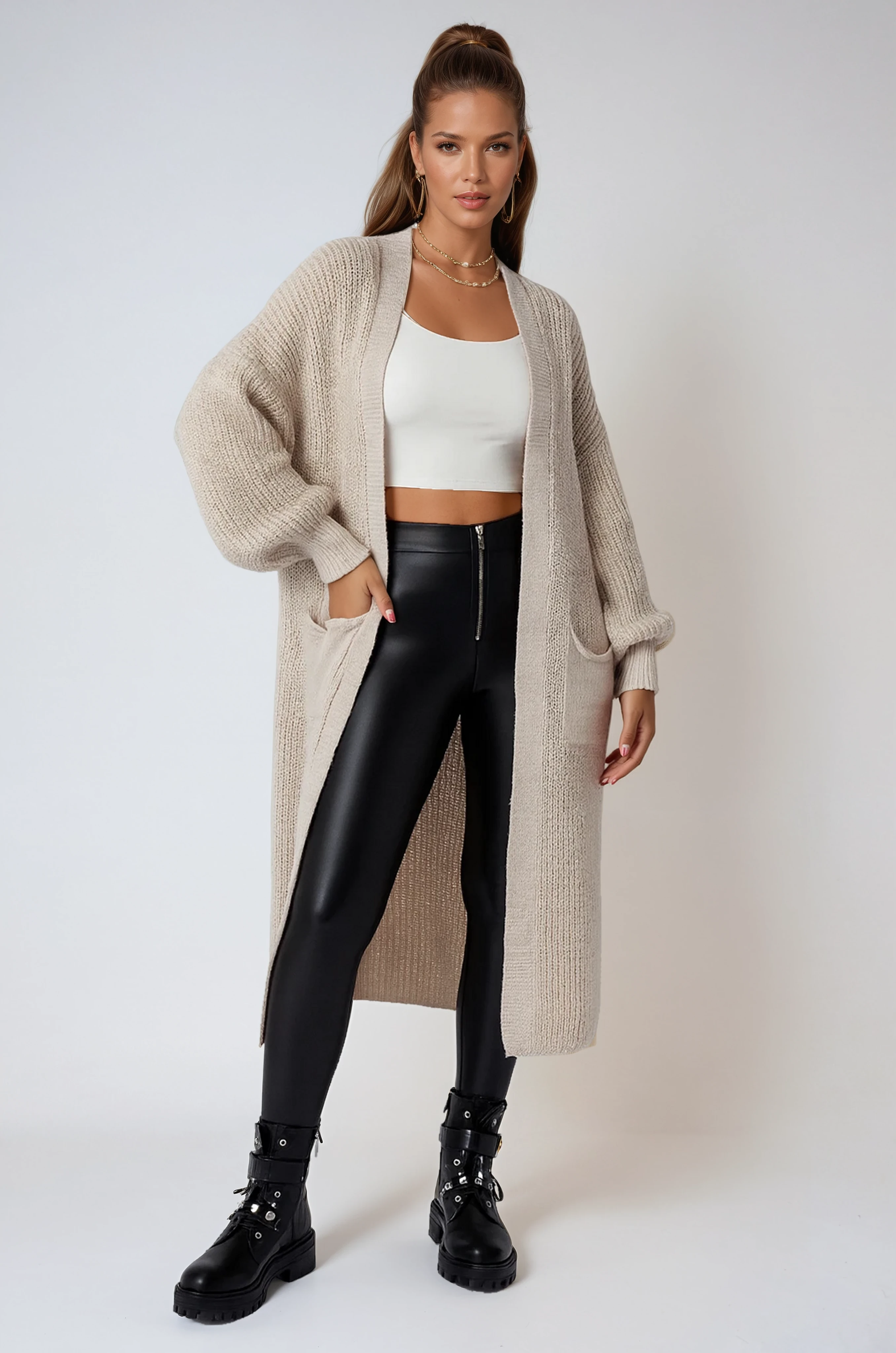 Women's Longline Open-Front Knitted Cardigan in Soft Neutral Tones for Effortless Everyday Elegance | Koossa