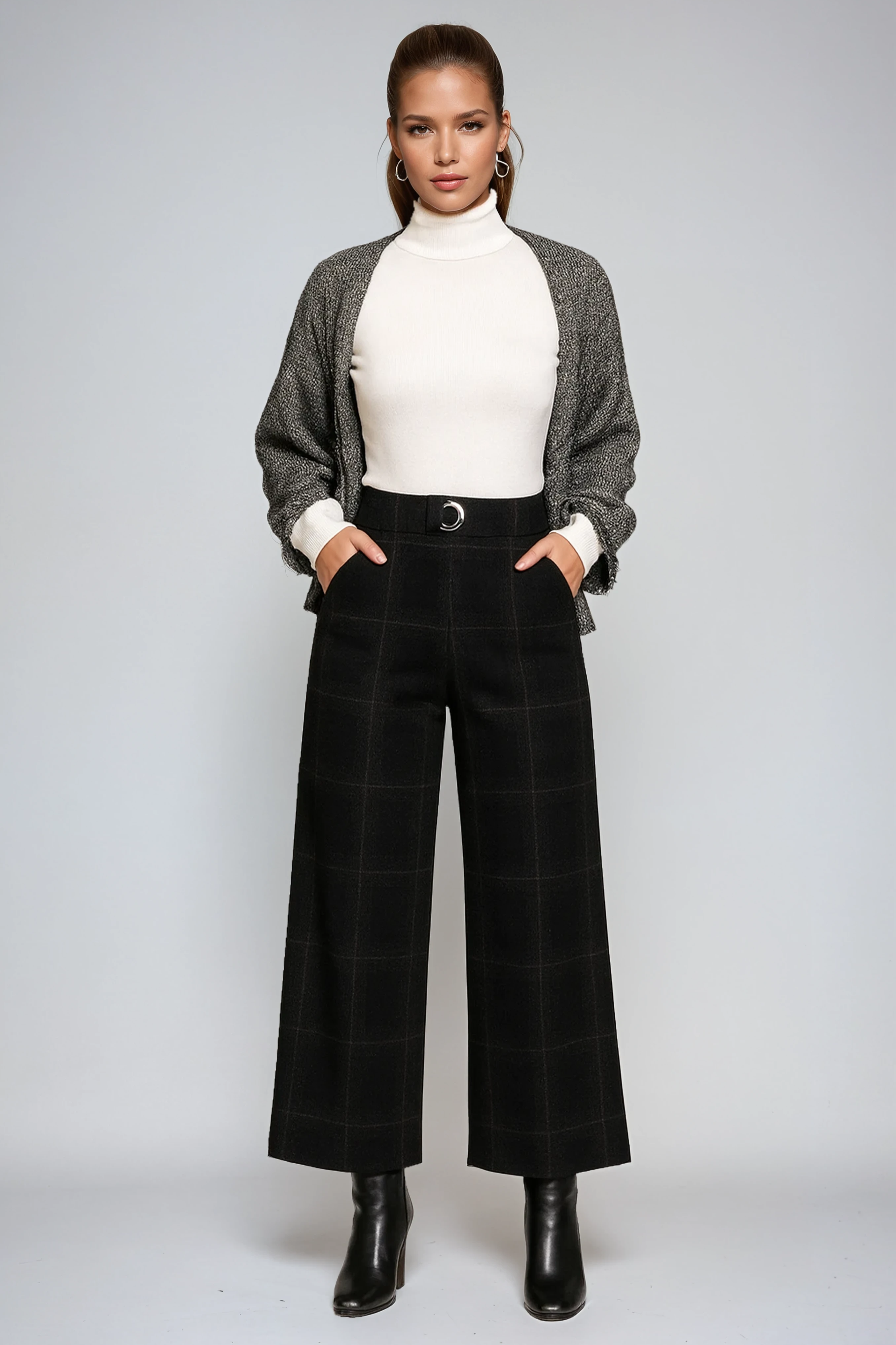 Wide Leg Cropped Trousers with Belt and Check Pattern in Black and Grey for Smart Casual and Workwear | Koossa