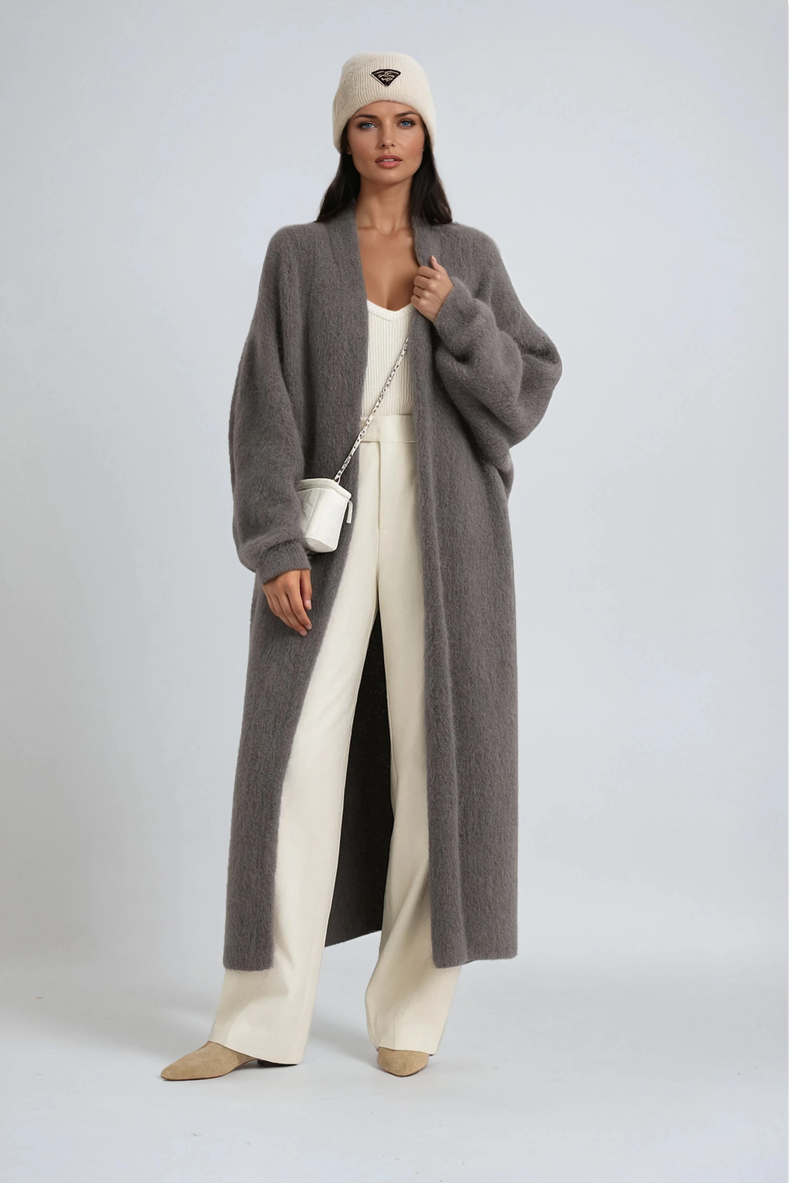 Long Open-Front Cardigan in Brushed Knit – White, Grey, Black, Khaki – Elegant Layering Coat for Transitional Weather | Koossa