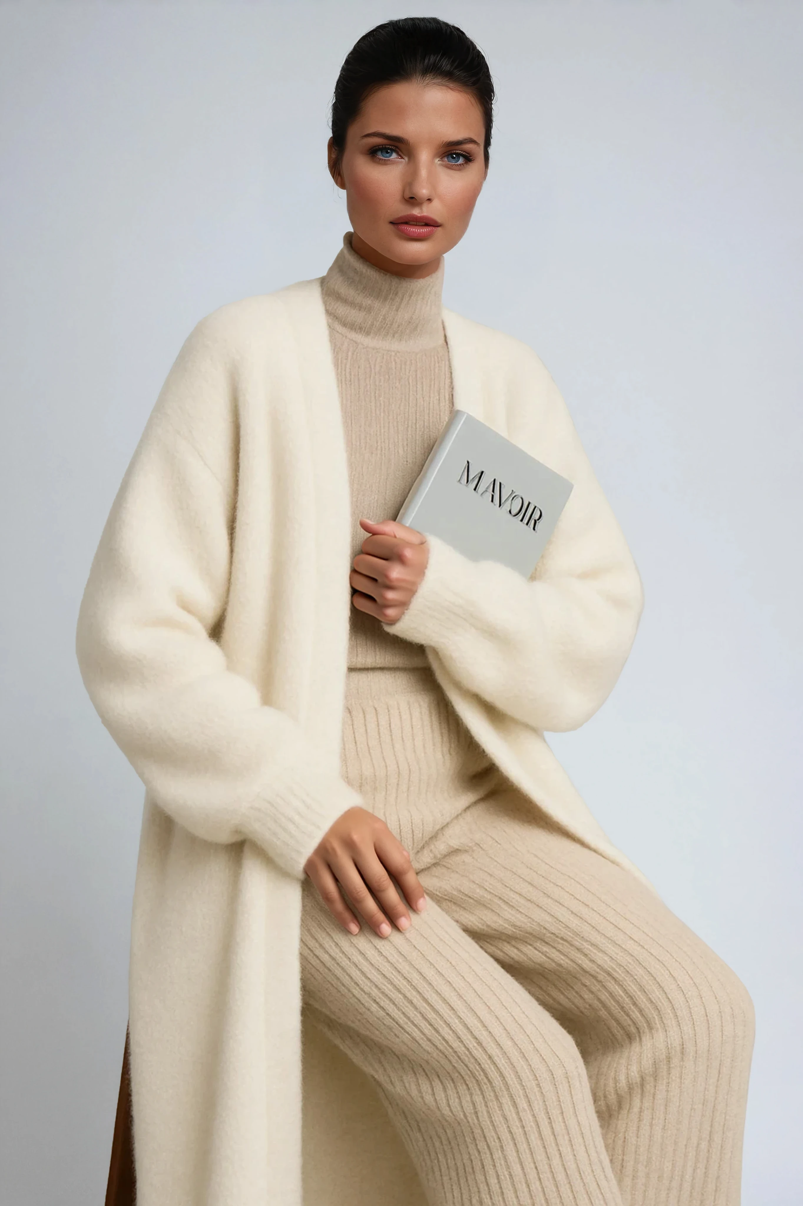 Long Open-Front Cardigan in Brushed Knit – White, Grey, Black, Khaki – Elegant Layering Coat for Transitional Weather | Koossa