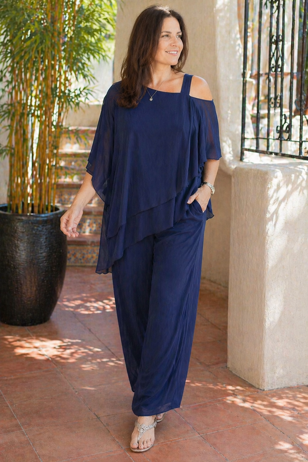 Women's Two-Piece Co-Ord Set with Asymmetric Overlay Top and Straight-Leg Trousers — Elegant Occasion Wear | Koossa
