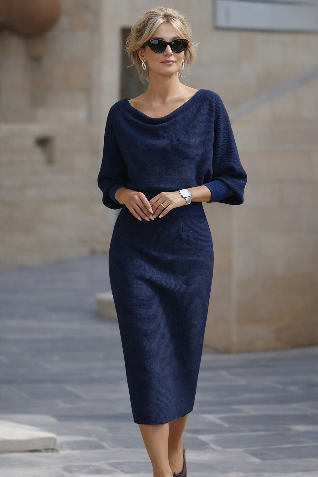 Women's Round Neck Midi Dress with Batwing Sleeves in Navy, White, Beige, Black, Green & Grey — Flowing Draped Silhouette for Daywear and Special Occasions | Koossa