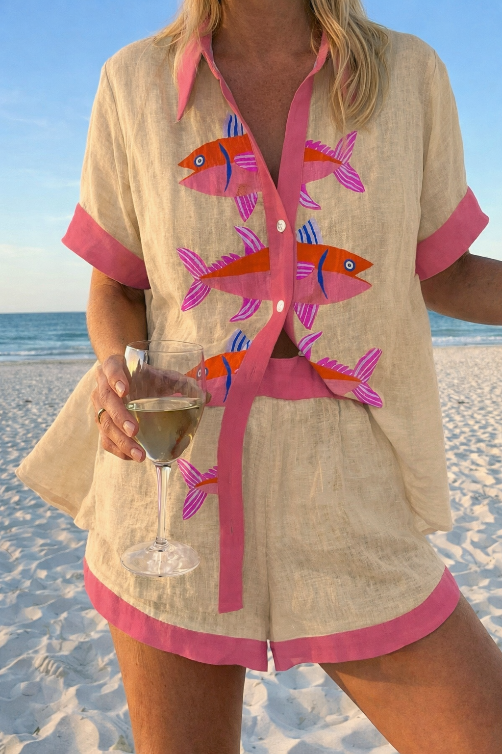 Women's Coordinated Shirt and Shorts Two-Piece Set in Lightweight Fabric for Warm Weather Holidays Casual Summer Outings Beach Resort Wear Relaxed Elegant Everyday Styling | Koossa