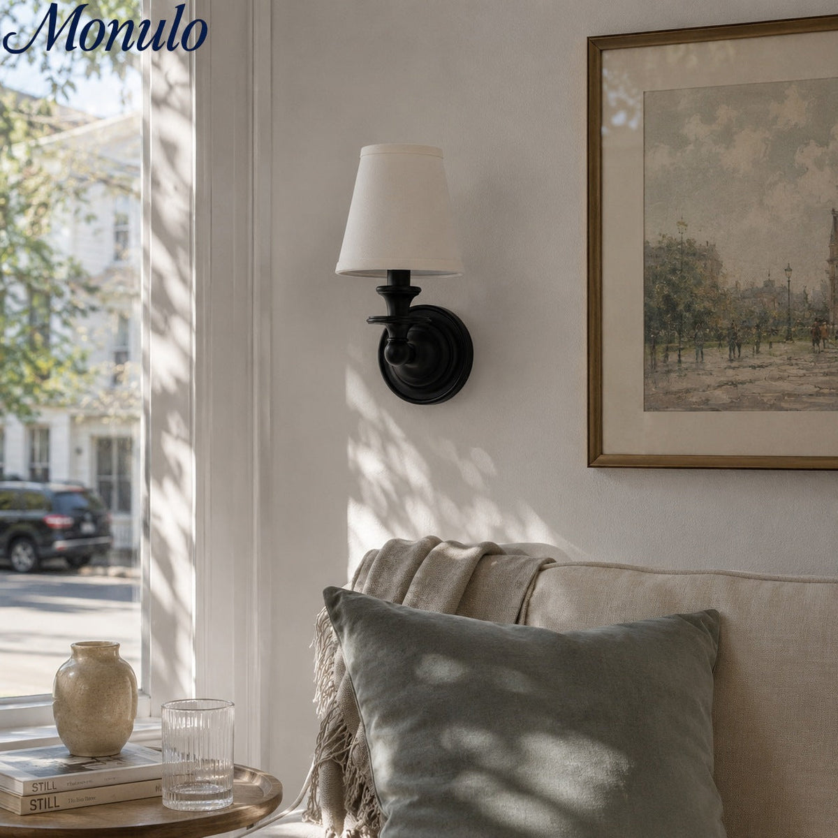 Adjustable Reading Wall Sconce with Fabric Shade & Gooseneck Arm – Wrought Iron Light for Bedroom, Living Room & Hallway | Lonoma
