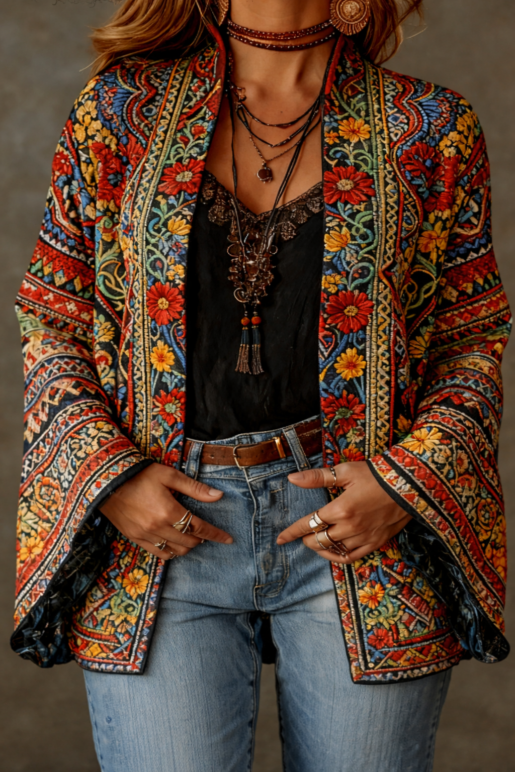 Women's Bohemian Open-Front Cardigan with Tapestry Pattern in Velvet-Touch Fabric | Elegant Layering Piece with Wide Sleeves | Koossa