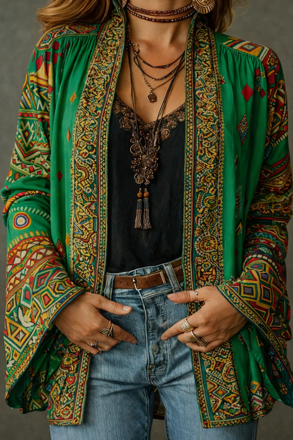 Women's Bohemian Open-Front Cardigan with Tapestry Pattern in Velvet-Touch Fabric | Elegant Layering Piece with Wide Sleeves | Koossa