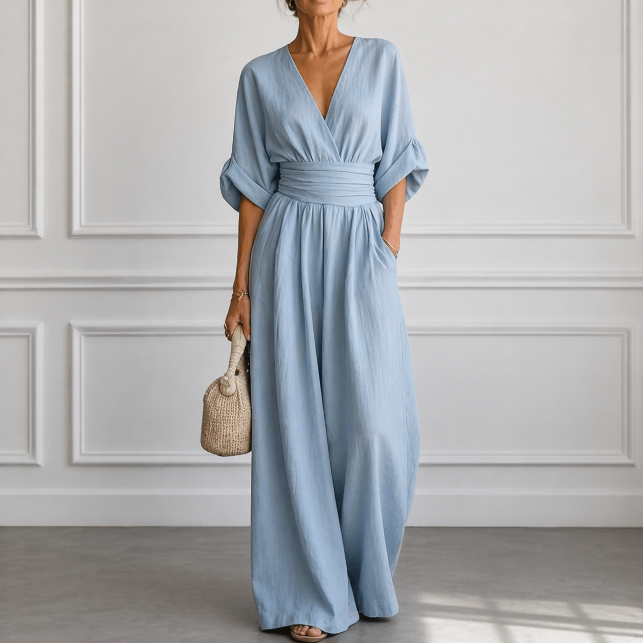 Women's Wide Leg Jumpsuit with Flowing Sleeves and Cinched Waist in Light Blue, Black, Claret, White, Yellow – Elegant One-Piece for Brunch, Holidays, Casual Gatherings | Koossa