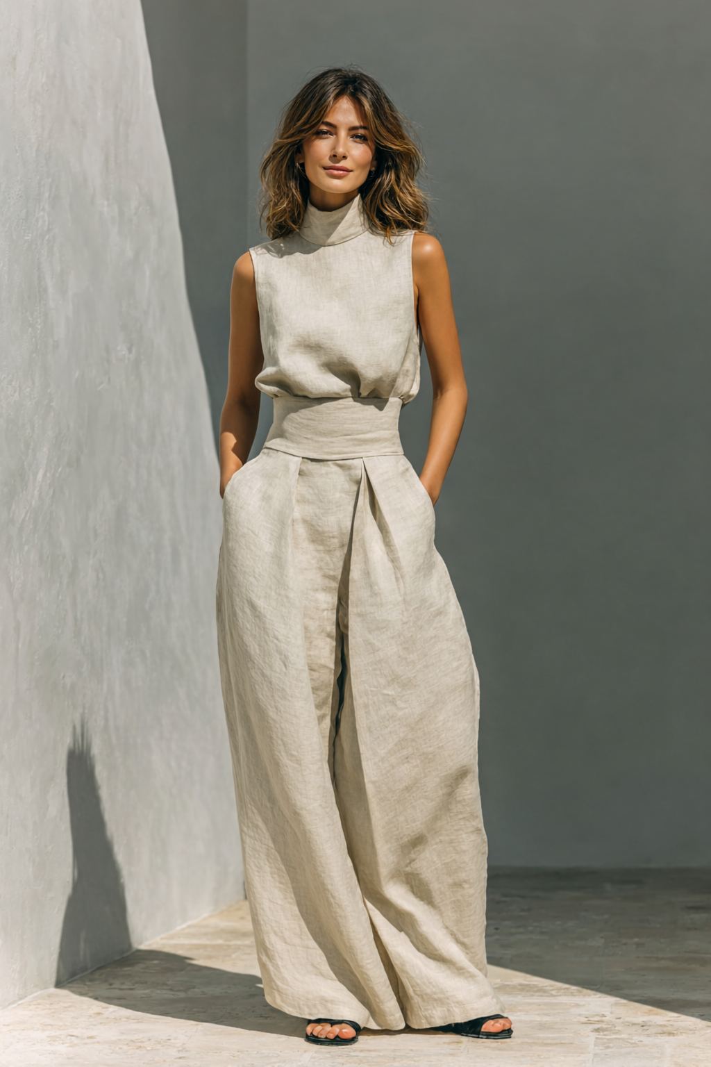 Women's Sleeveless Top and Wide-Leg Trouser Co-ord Set in Light Blue, Khaki, Army Green, Light Pink for Relaxed Warm-Weather Occasions | Koossa