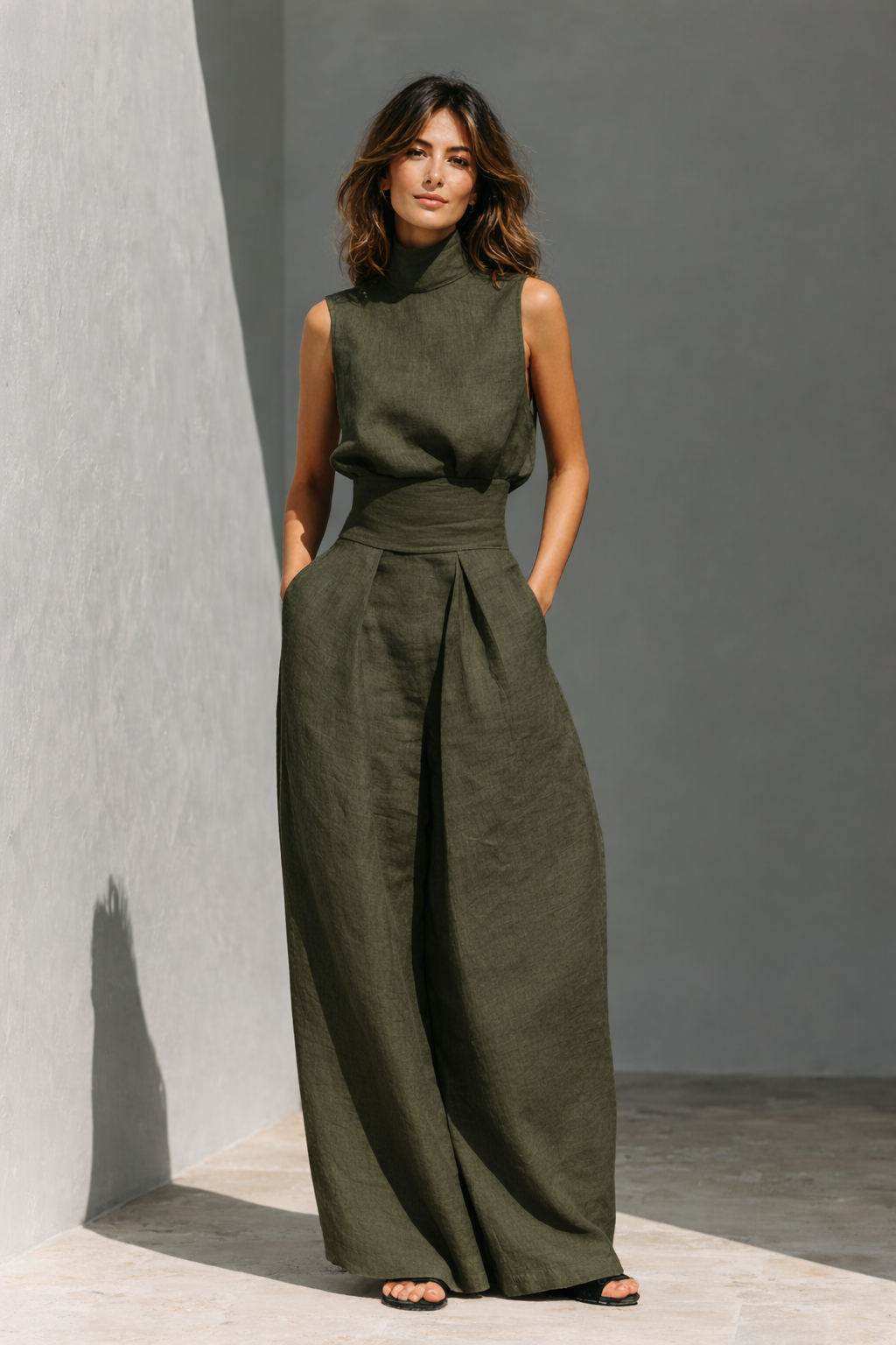 Women's Sleeveless Top and Wide-Leg Trouser Co-ord Set in Light Blue, Khaki, Army Green, Light Pink for Relaxed Warm-Weather Occasions | Koossa