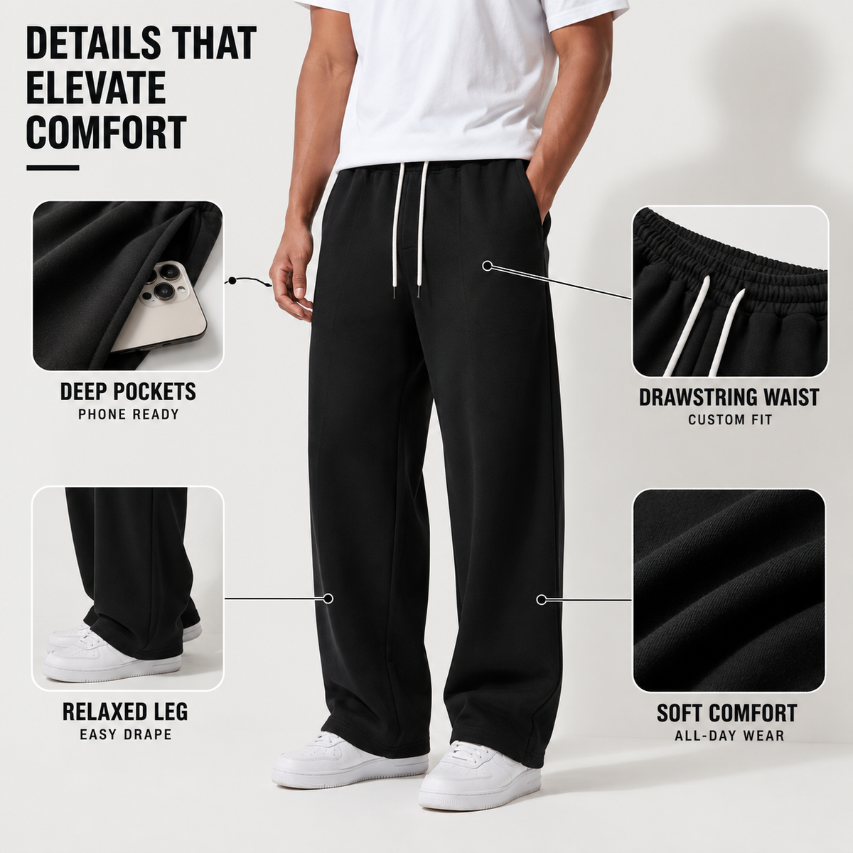 Men's Loose-Fit Joggers with Drawstring Waist and Side Pockets, Relaxed Straight-Leg Sweatpants for Gym, Running, Lounging & Travel | Lonoma