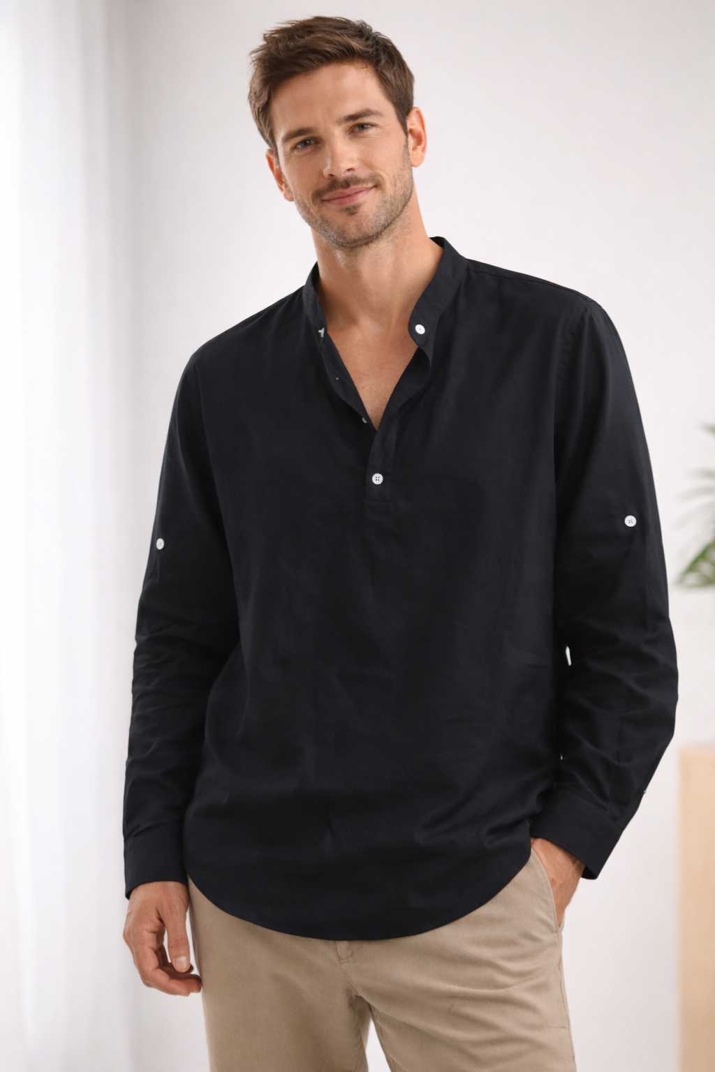 Men's Relaxed Fit Henley Shirt with Grandad Collar — Long Sleeve Casual Shirt for Weekend & Holiday Wear | Koossa