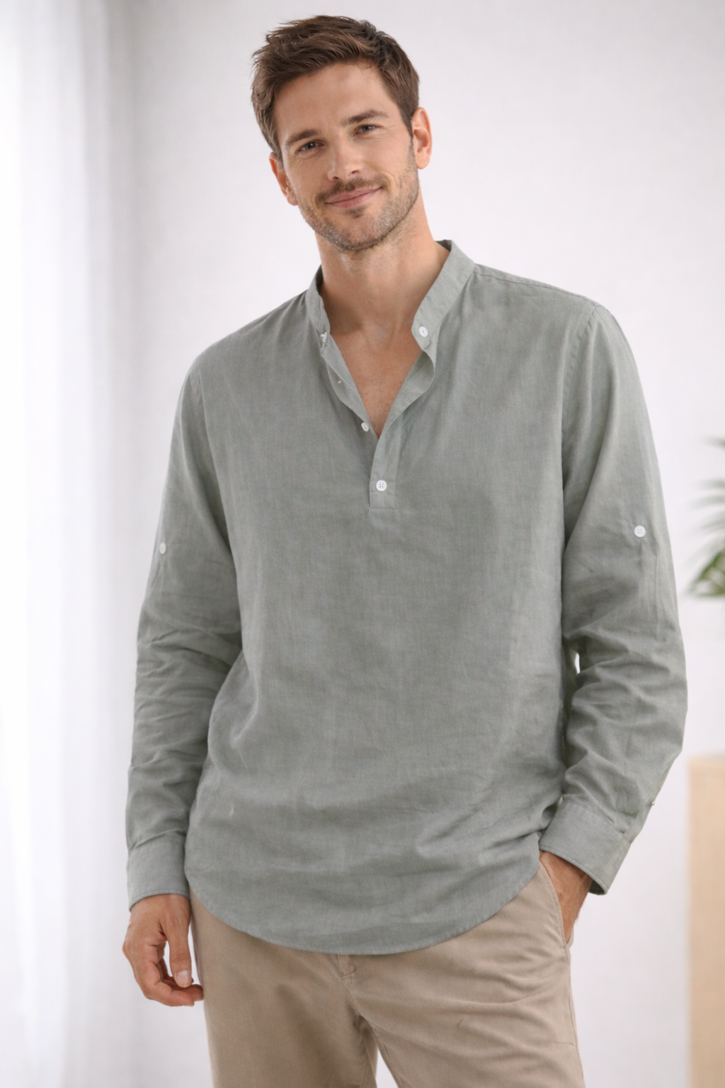 Men's Relaxed Fit Henley Shirt with Grandad Collar — Long Sleeve Casual Shirt for Weekend & Holiday Wear | Koossa