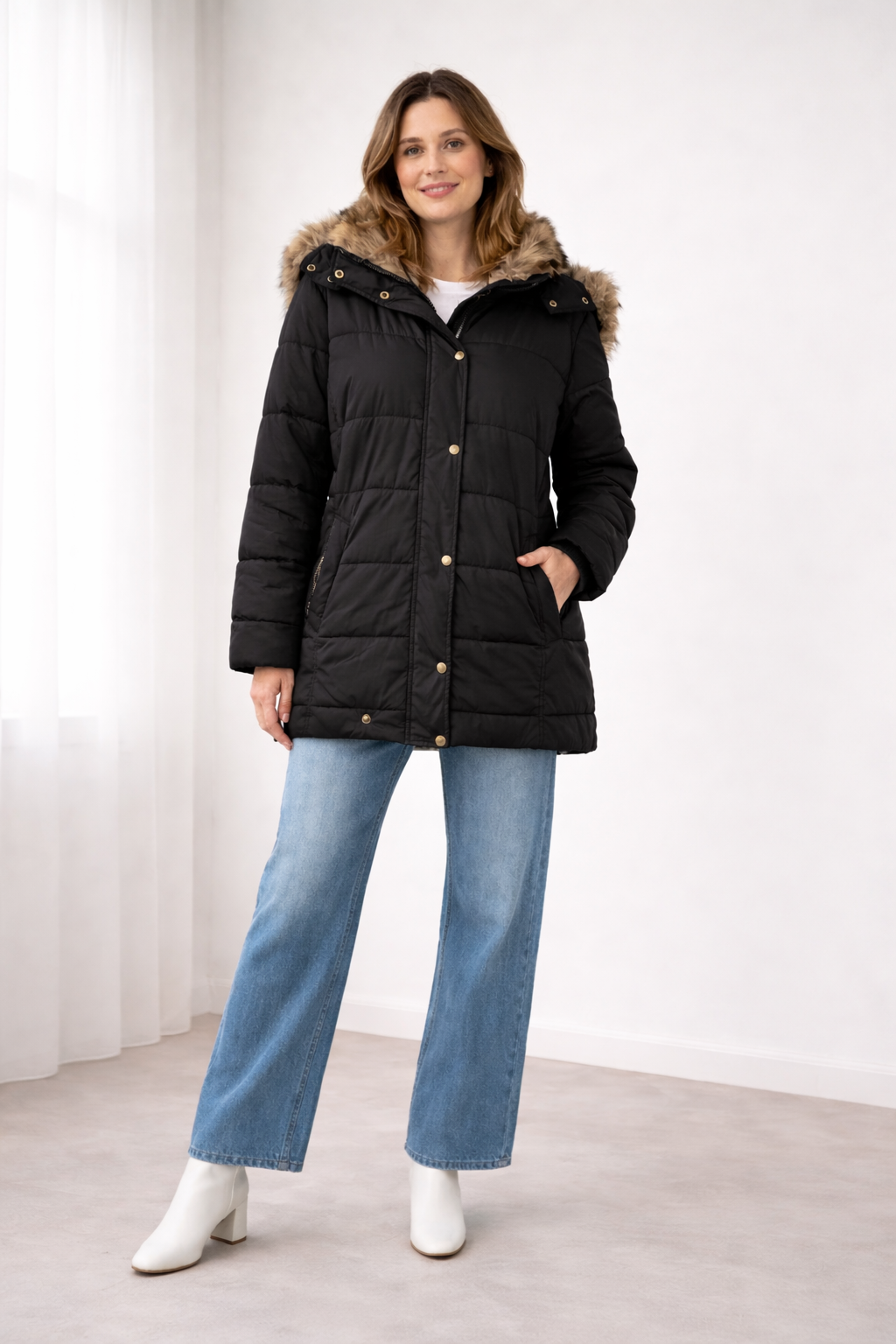 Women's Quilted Hooded Jacket with Press Studs — Relaxed Fit Outerwear for Everyday Comfort & Casual Elegance | Koossa