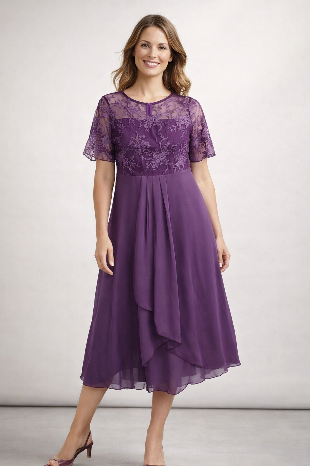 Women's Lace Bodice Midi Dress with Short Sleeves — Elegant Round Neck Occasion Dress for Weddings & Garden Parties | Koossa