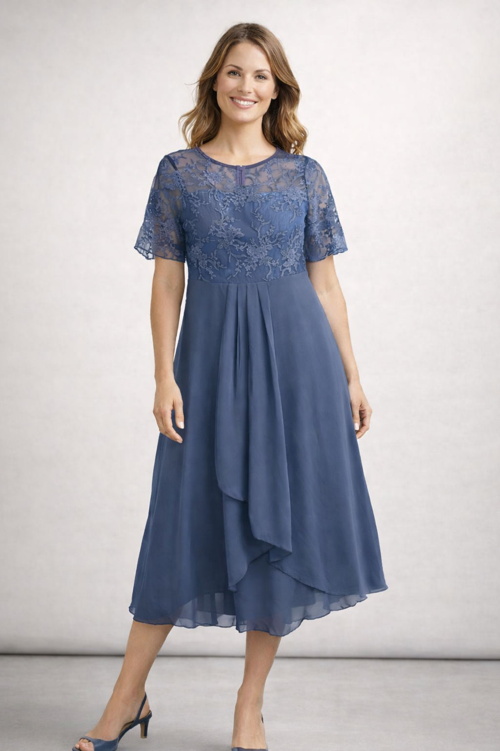 Women's Lace Bodice Midi Dress with Short Sleeves — Elegant Round Neck Occasion Dress for Weddings & Garden Parties | Koossa