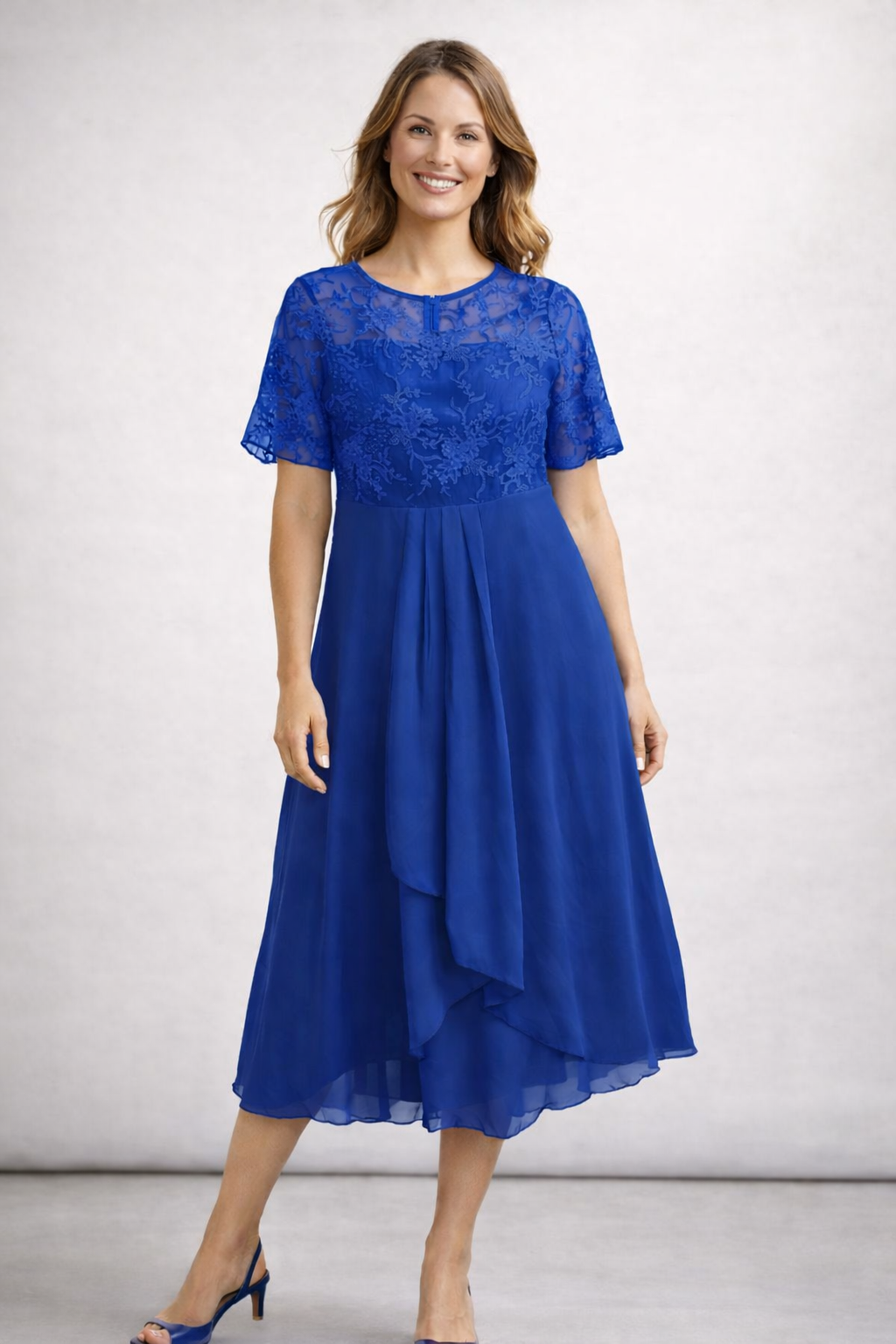 Women's Lace Bodice Midi Dress with Short Sleeves — Elegant Round Neck Occasion Dress for Weddings & Garden Parties | Koossa