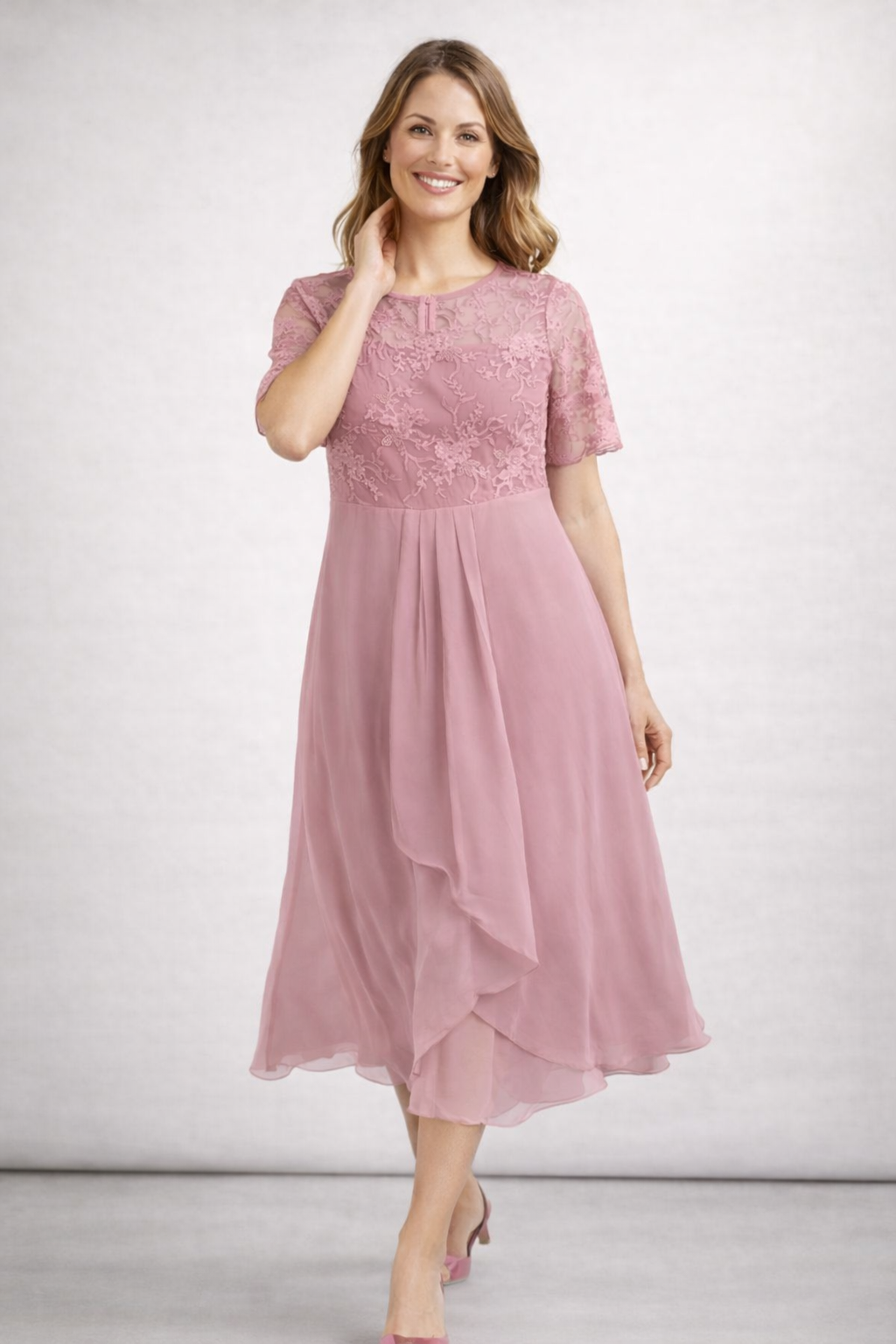 Women's Lace Bodice Midi Dress with Short Sleeves — Elegant Round Neck Occasion Dress for Weddings & Garden Parties | Koossa