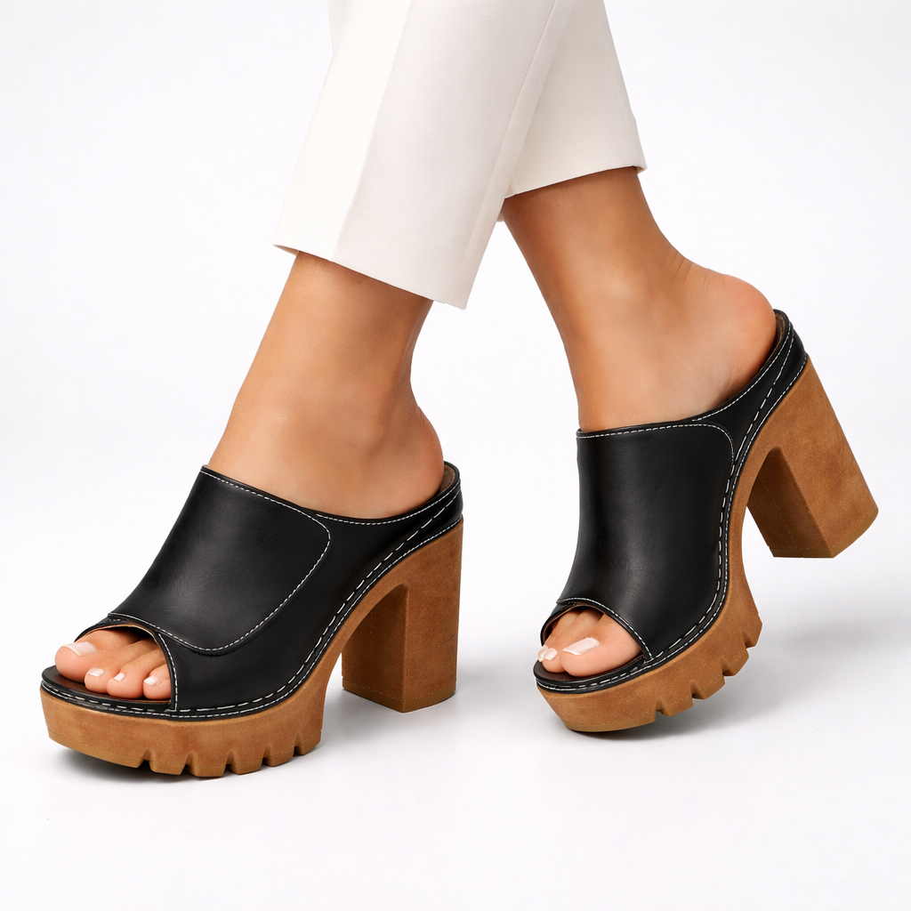 Women's Platform Heels with Ankle Strap and Cushioned Sole in Brown, Black, Beige, White & Red – Elegant Occasion Footwear with Stable Block Heel for Confident All-Day Wear | Koossa