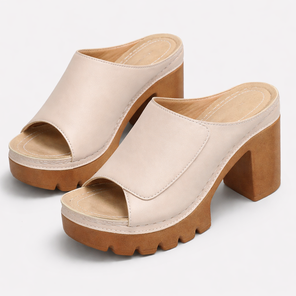 Women's Platform Heels with Ankle Strap and Cushioned Sole in Brown, Black, Beige, White & Red – Elegant Occasion Footwear with Stable Block Heel for Confident All-Day Wear | Koossa