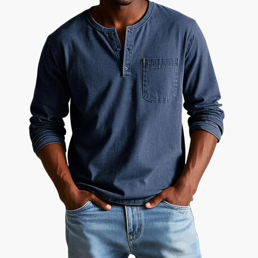 Men's Henley Shirt Long Sleeve Cotton Casual Tee with Chest Pocket for Everyday Wear Navy Gray Khaki Button Neckline | Lonoma