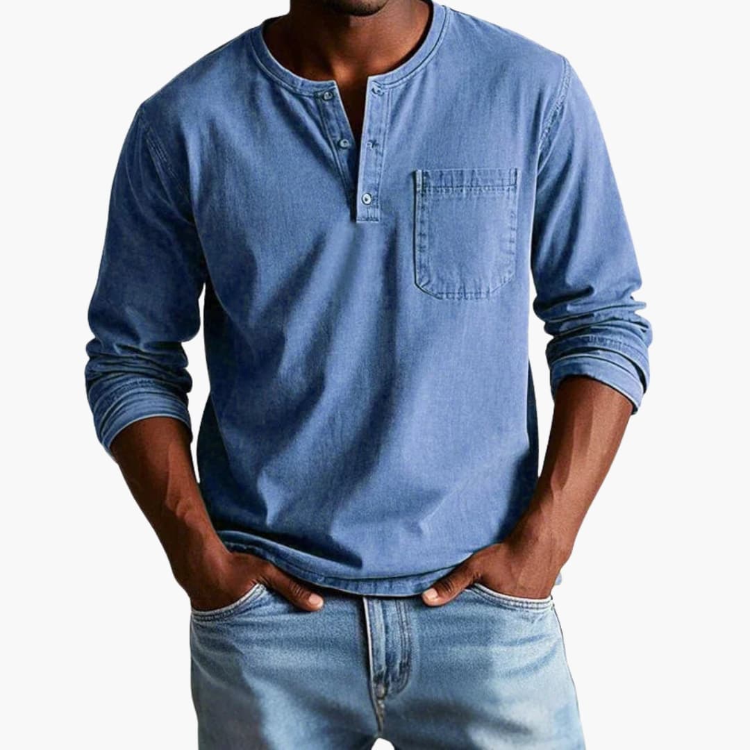 Men's Henley Shirt Long Sleeve Cotton Casual Tee with Chest Pocket for Everyday Wear Navy Gray Khaki Button Neckline | Lonoma