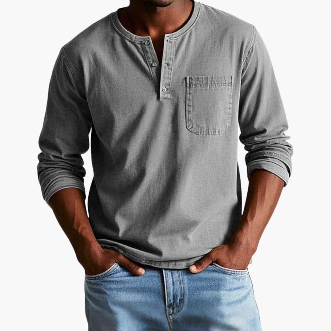 Men's Henley Shirt Long Sleeve Cotton Casual Tee with Chest Pocket for Everyday Wear Navy Gray Khaki Button Neckline | Lonoma