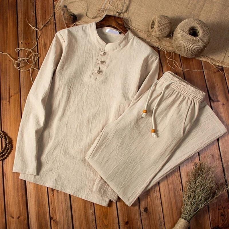 Men's Stand Collar Shirt and Elastic Waist Pants Lounge Set - Relaxed Fit Casual Two-Piece Outfit for Weekend Wear and Travel | Lonoma