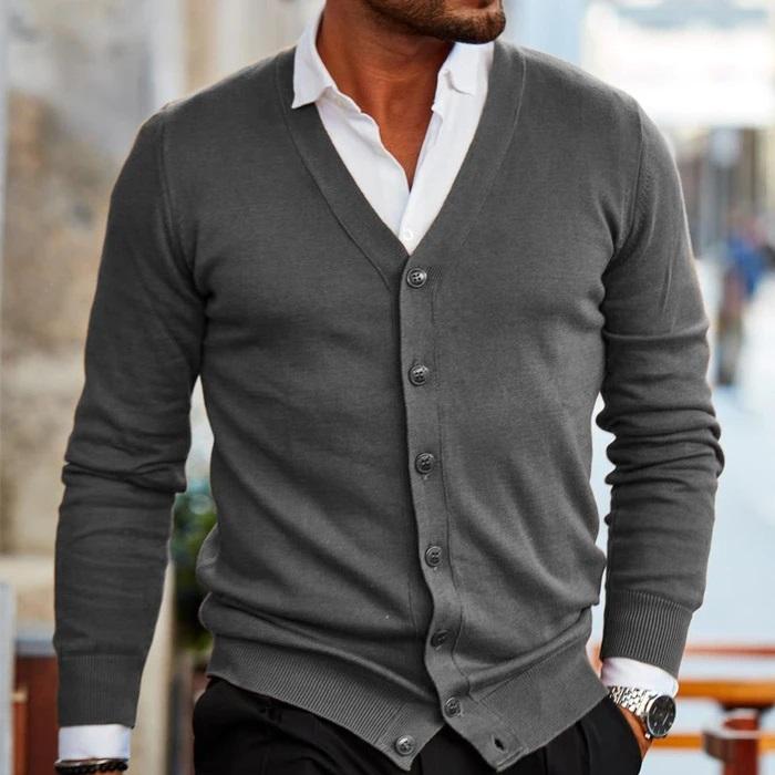 Men's Button-Up Sweater V-Neck Cardigan with Ribbed Trim for Casual & Office Wear | Classic Layering Piece | Lonoma