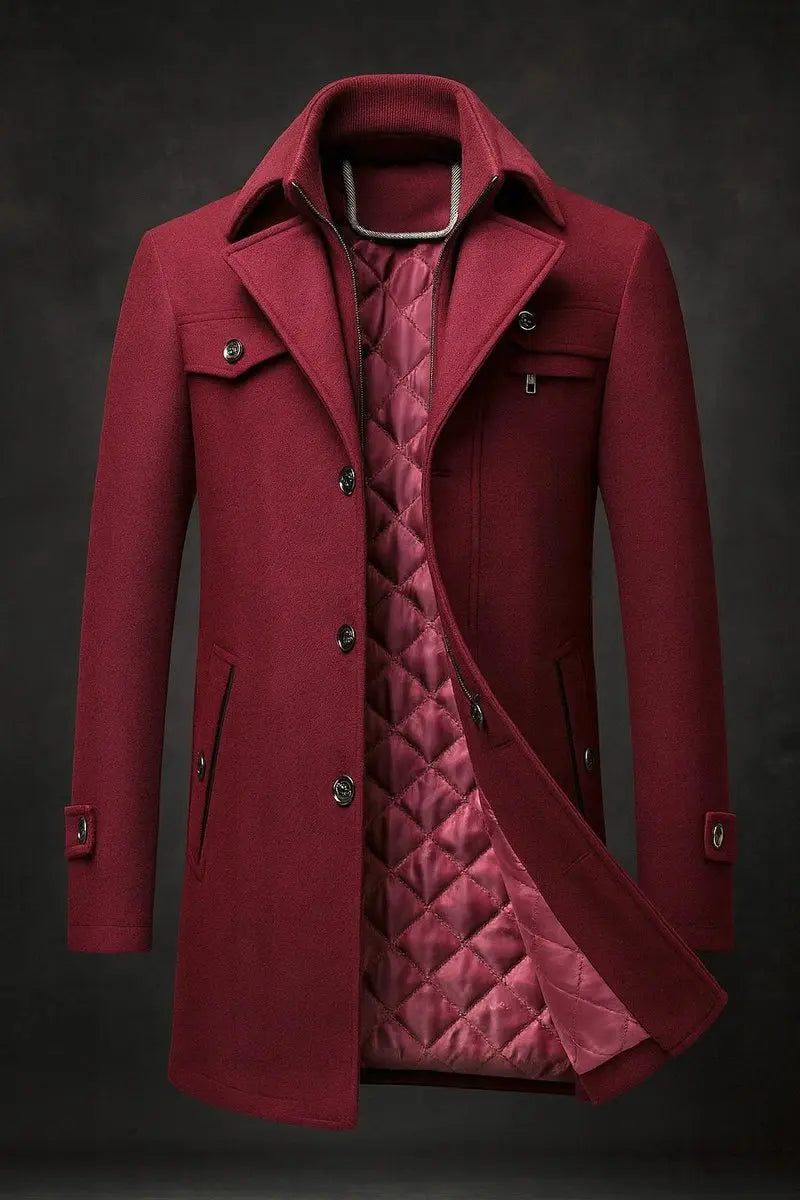 Men's Wool Topcoat with Layered Collar and Insulated Quilted Interior for Winter Business Formal Occasions | Lonoma