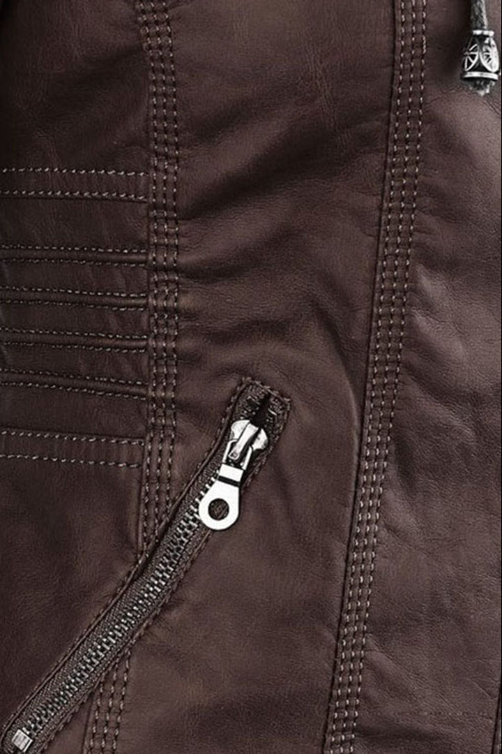 Women's Hooded Leather Jacket with Zip Front in Brown, Black & Dark Brown – Tailored Fit Outerwear for Smart-Casual Occasions | Koossa