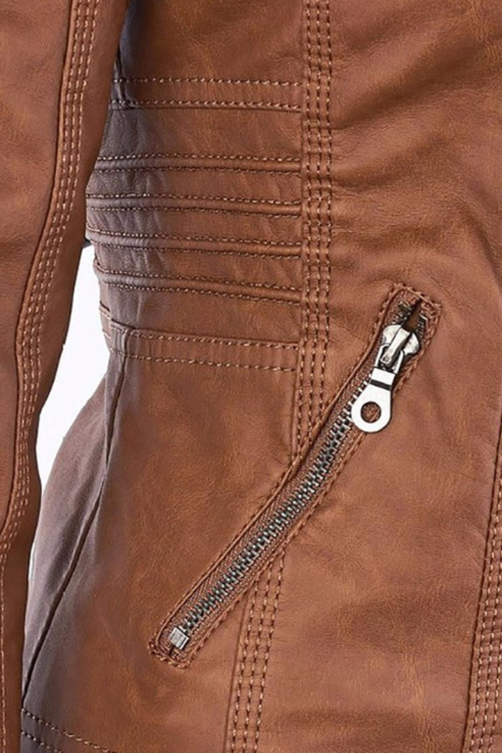 Women's Hooded Leather Jacket with Zip Front in Brown, Black & Dark Brown – Tailored Fit Outerwear for Smart-Casual Occasions | Koossa