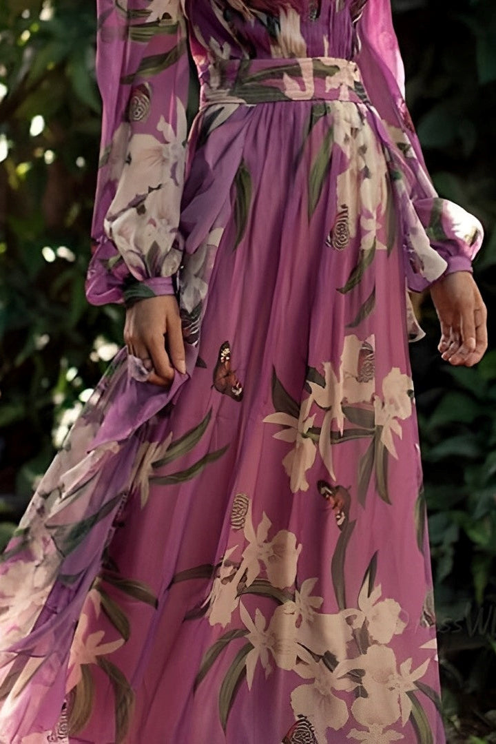 Purple Maxi Dress Long Sleeve V-Neck Floral Print Evening Gown Garden Party Formal Occasion Flowing Silhouette Elegant Botanical Design | Koossa