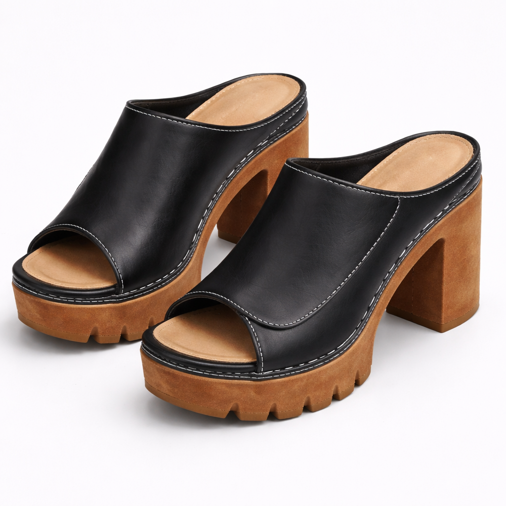 Women's Platform Heels with Ankle Strap and Cushioned Sole in Brown, Black, Beige, White & Red – Elegant Occasion Footwear with Stable Block Heel for Confident All-Day Wear | Koossa