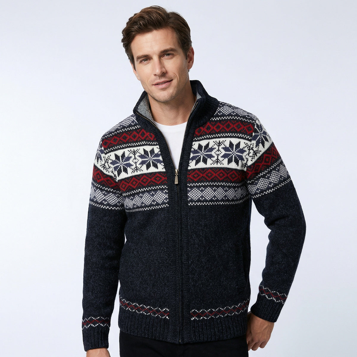 Men's Zip-Up Cardigan with Fair Isle Pattern and Stand Collar for Fall and Winter Layering | Lonoma