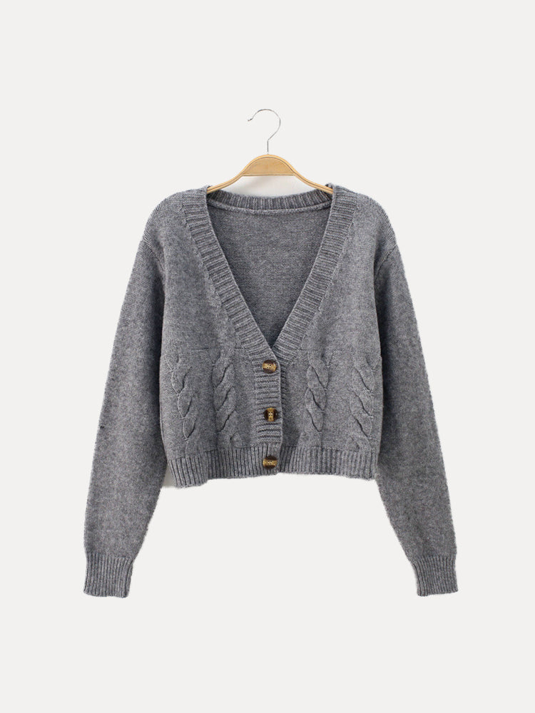 Women's Cropped Knit Cardigan V-Neck Horn Button Sweater Relaxed Fit Short Waist-Length Top for Casual Everyday Layering | Lonoma