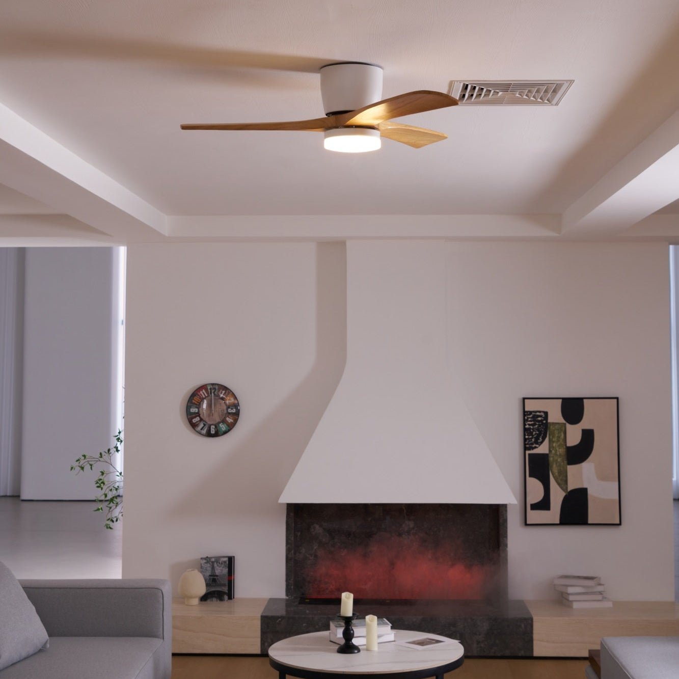 Ventilateur de plafond lumineux lames bois naturel design nordique silencieux économe chambre salon moderne | Koossa