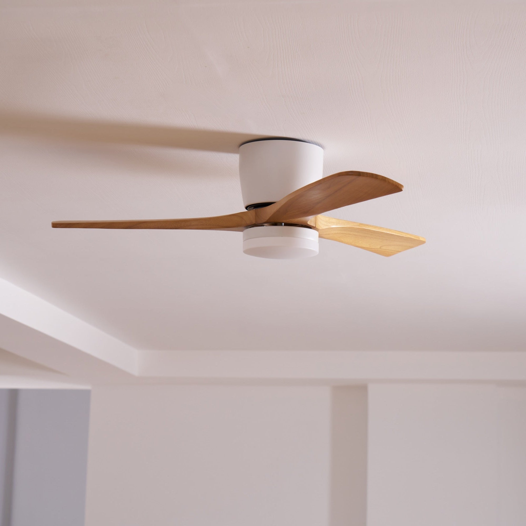 Ventilateur de plafond lumineux lames bois naturel design nordique silencieux économe chambre salon moderne | Koossa